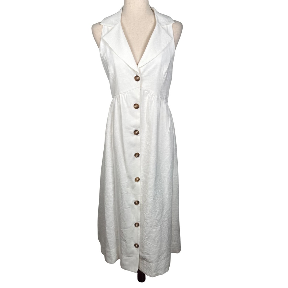 Pomander Place Midi Dress Women M White Rayon Coastal Button Front Sorority Rush